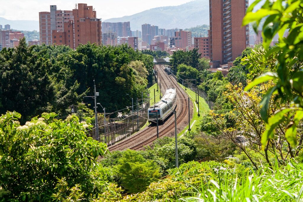 A light rail train turns a corner in a forest, with skyscrapers in the background