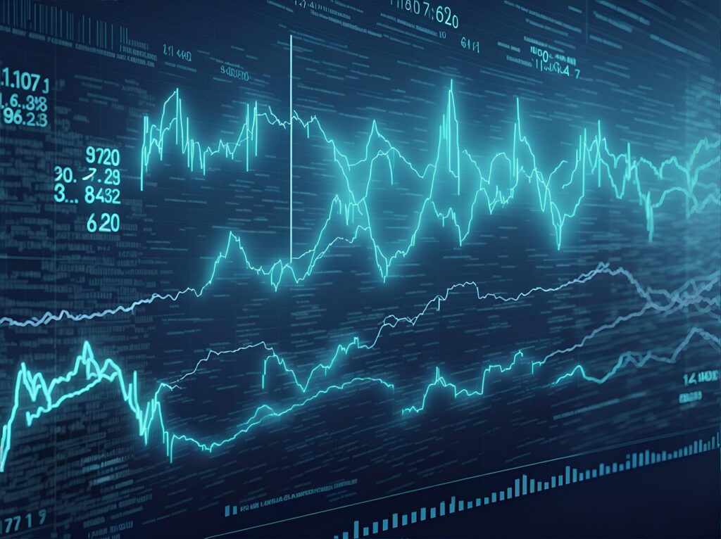 Green line graphs over a black background.
